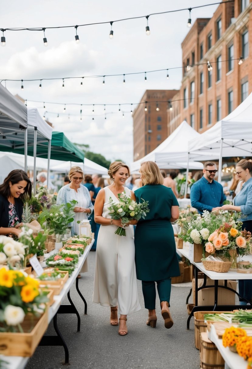 A bustling outdoor market with vendors selling eco-friendly wedding decor, locally-sourced flowers, and sustainable catering options