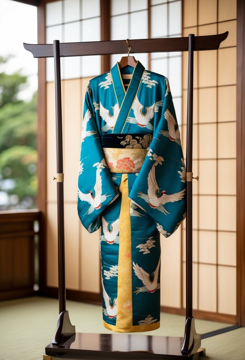 A silk kimono adorned with intricate crane patterns, draped elegantly over a wooden stand in a traditional Japanese wedding setting