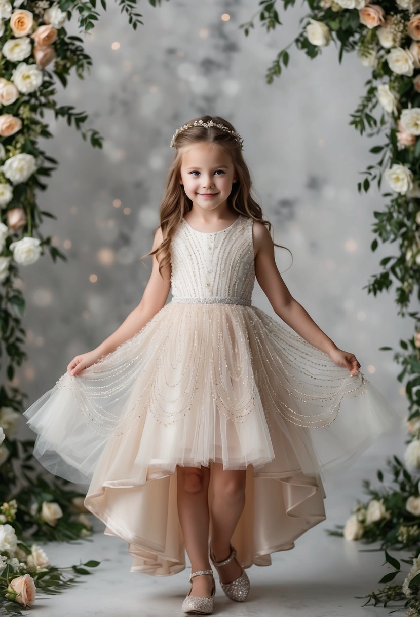 A young girl twirls in a beaded tulle high-low skirt, surrounded by flowers and lace, creating an elegant and whimsical wedding dress idea for kids