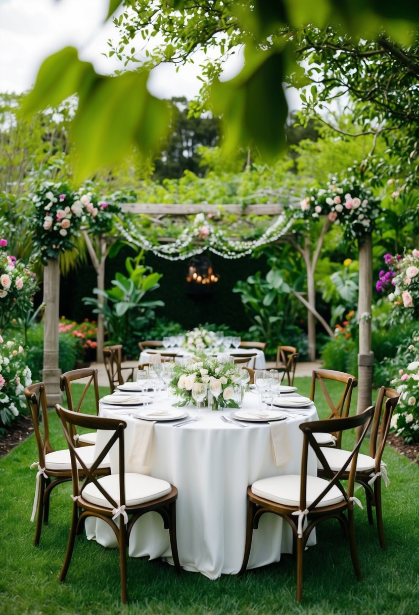 A lush green garden with a table set for a wedding, surrounded by blooming flowers and sustainable decorations