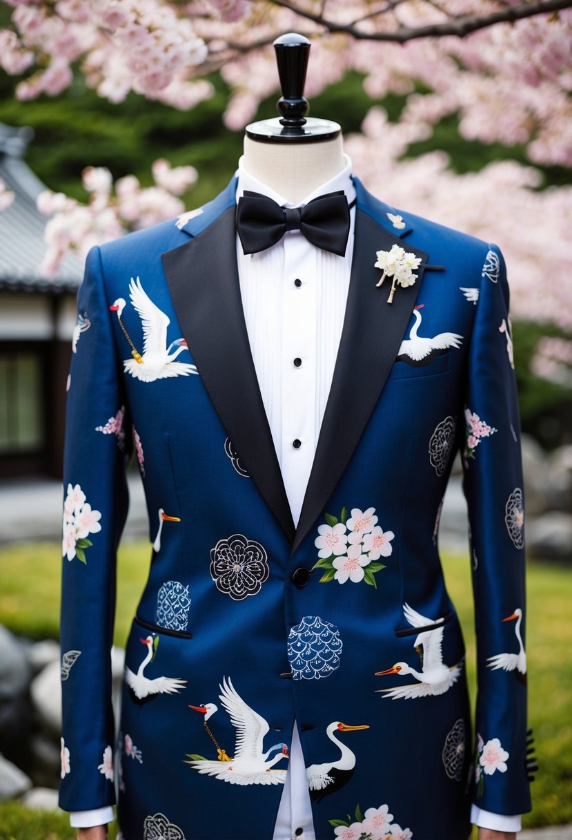 A classic tuxedo adorned with traditional Japanese motifs and patterns, such as cherry blossoms and cranes, set against a backdrop of a serene Japanese garden