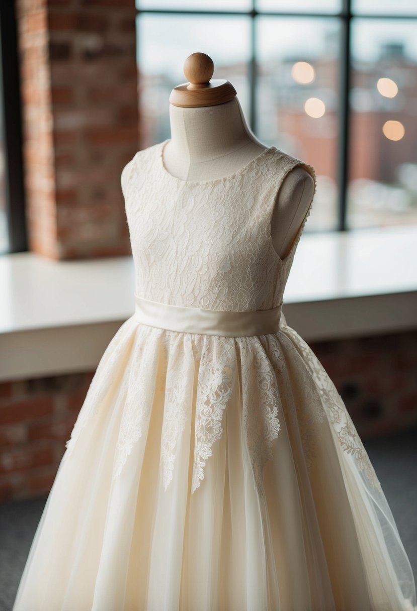 A cream sleeveless lace overlay wedding dress displayed on a child-sized mannequin