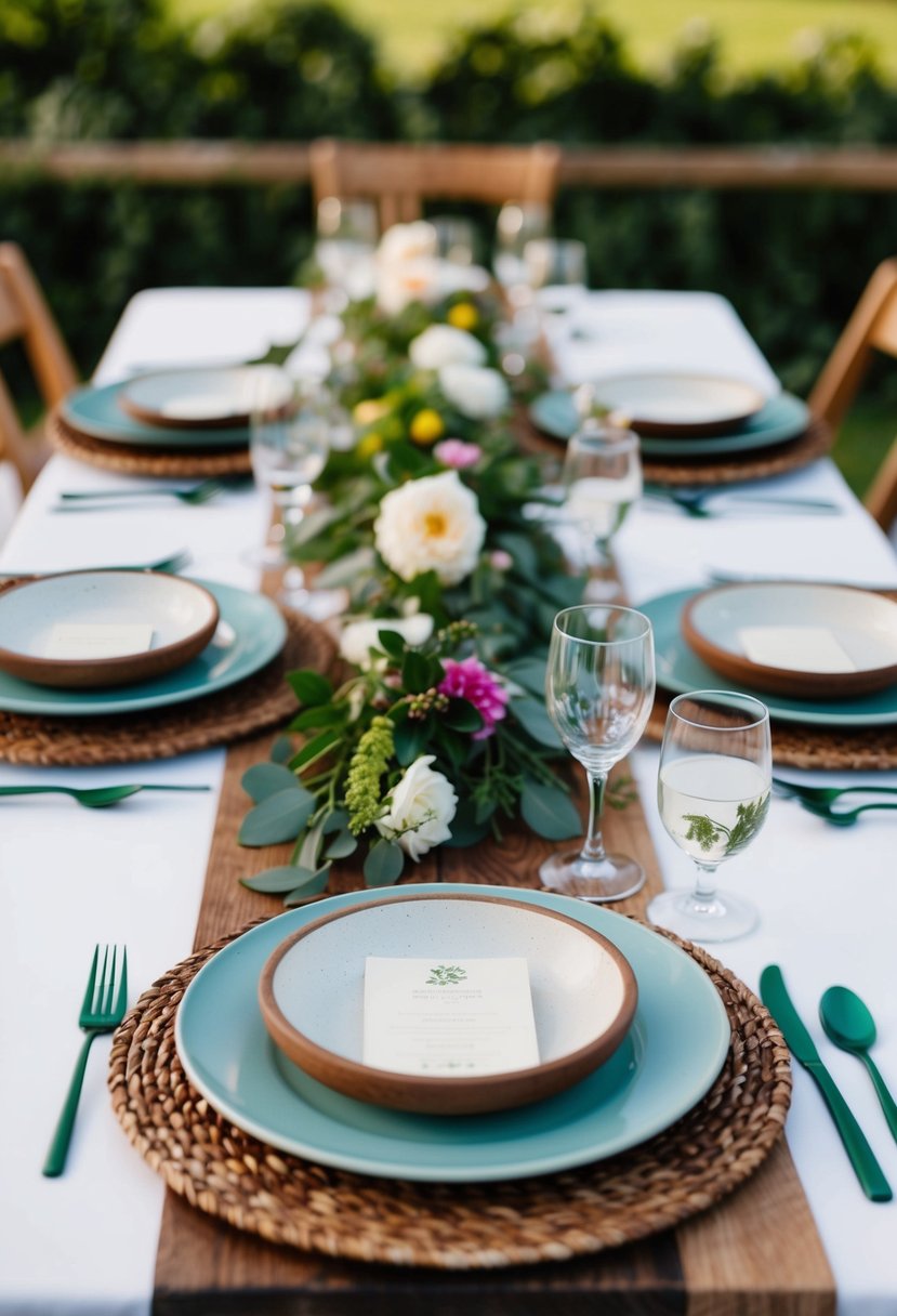 A table set with eco-friendly dishware and utensils for a wedding reception. Flowers and greenery decorate the table