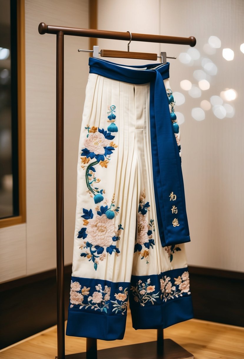 A pair of custom-made Japanese Hakama pants displayed on a wooden stand, with intricate floral embroidery and delicate pleats