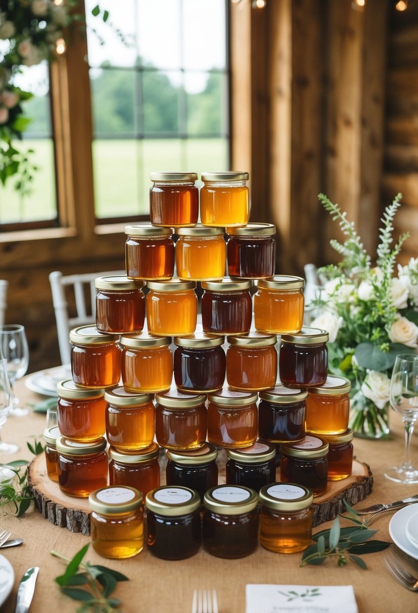 A rustic table displays a variety of local honey jars, surrounded by eco-friendly wedding decor