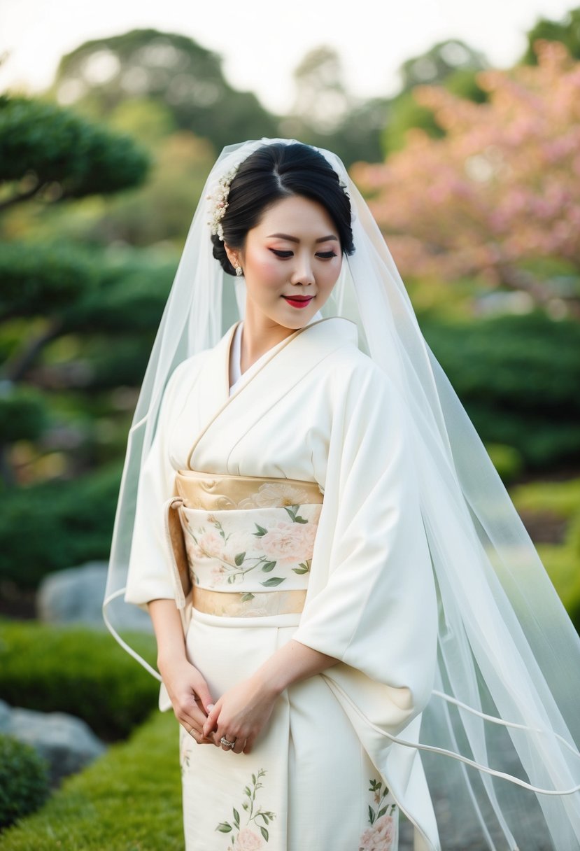 A bride wearing a kimono-inspired wedding veil, with delicate floral patterns and flowing fabric, standing in a serene Japanese garden