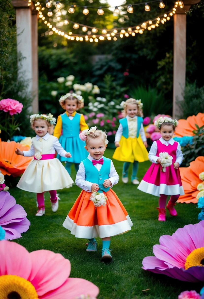 A group of children in colorful, whimsical wedding attire, playing in a garden filled with oversized flowers and fairy lights