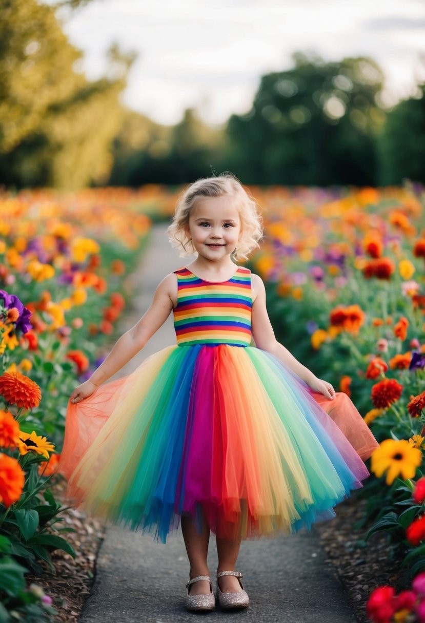 A young girl twirls in a rainbow tulle dress, surrounded by vibrant flowers