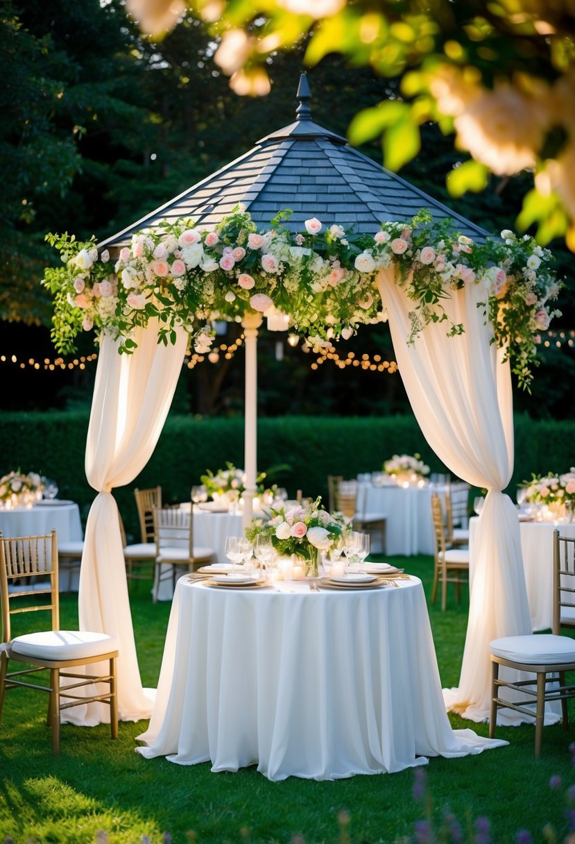 A lush garden with blooming flowers and flowing fabric draped over a gazebo. Twinkling fairy lights and elegant table settings complete the romantic wedding decor