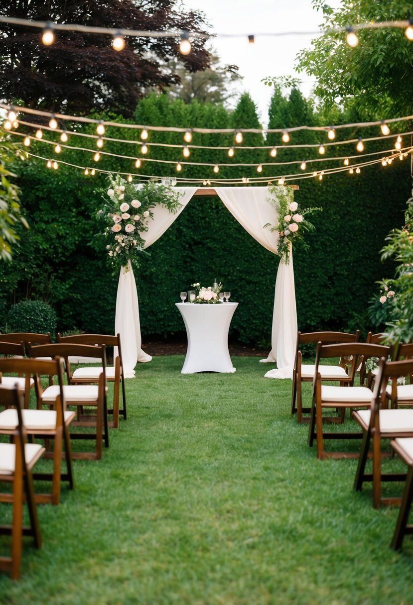 A cozy outdoor garden setting with a small ceremony area, string lights, and intimate seating for a micro wedding celebration