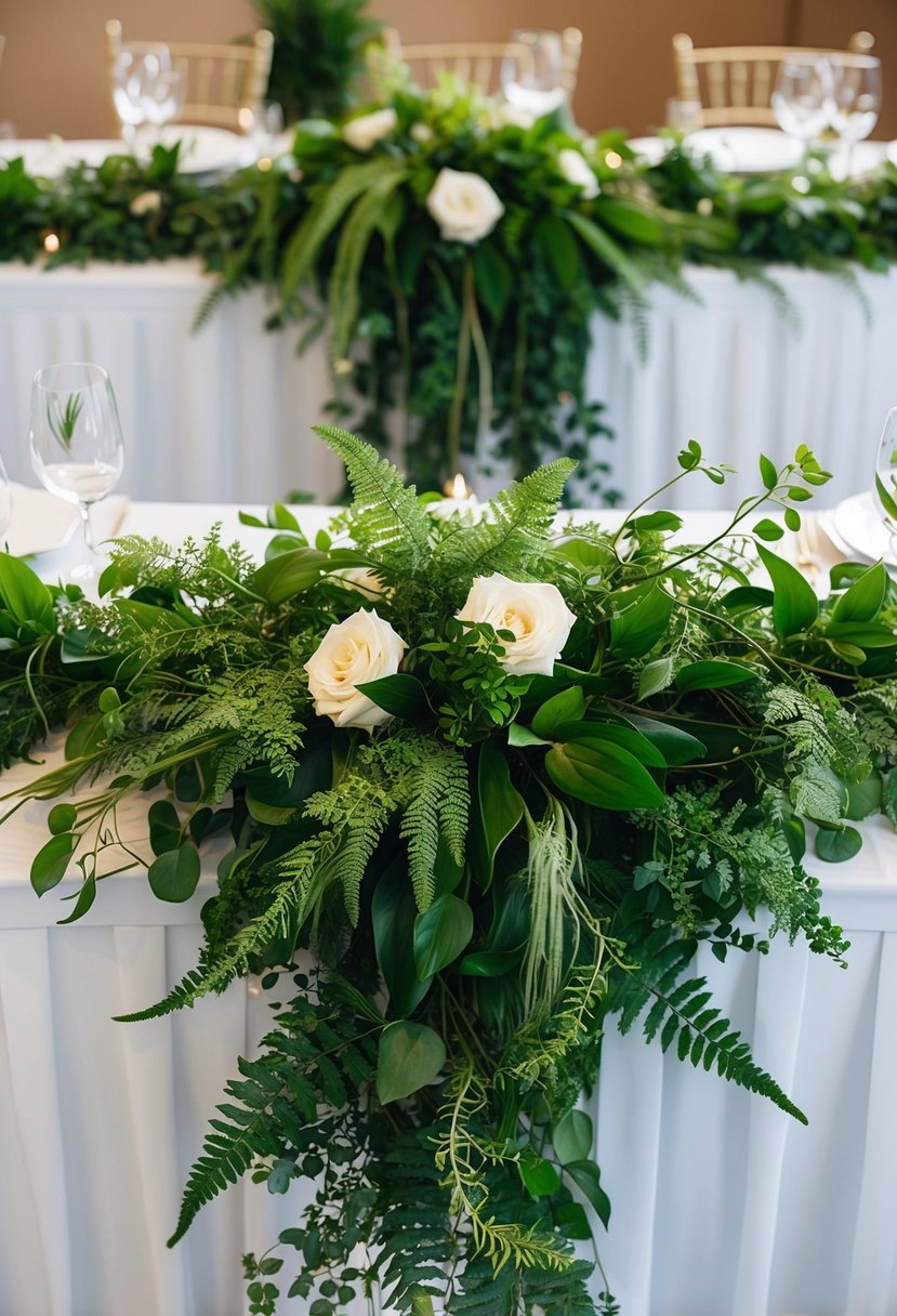 Lush greenery cascades from the center of the table, intertwined with delicate vines and ferns, creating a natural and elegant wedding centerpiece