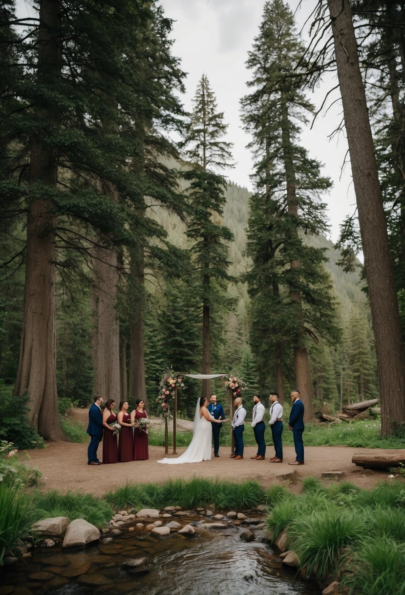 A small group gathers in a lush clearing, surrounded by towering trees and a tranquil stream. A simple arch adorned with flowers marks the spot for a National Park micro wedding ceremony