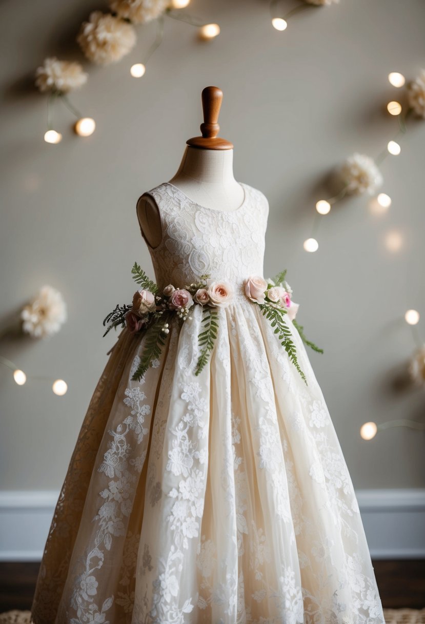 A vintage lace gown with delicate floral accents displayed on a child-sized mannequin