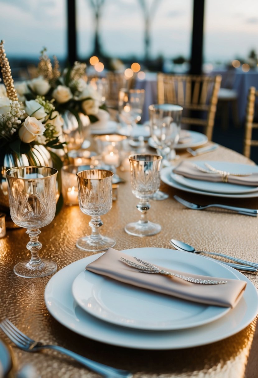 A luxurious wedding table setting with metallic accents and shimmering details