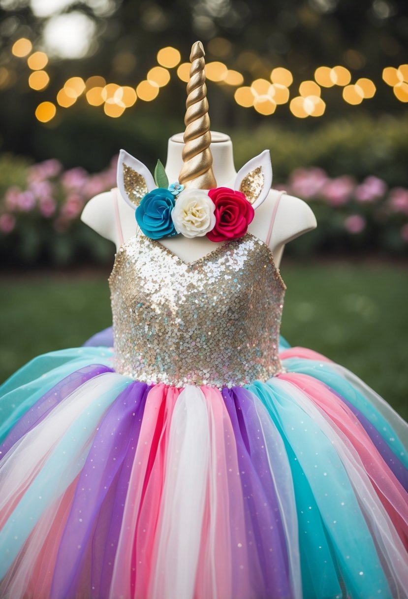 A magical unicorn-themed dress adorned with sparkling sequins, perfect for a whimsical kids' wedding