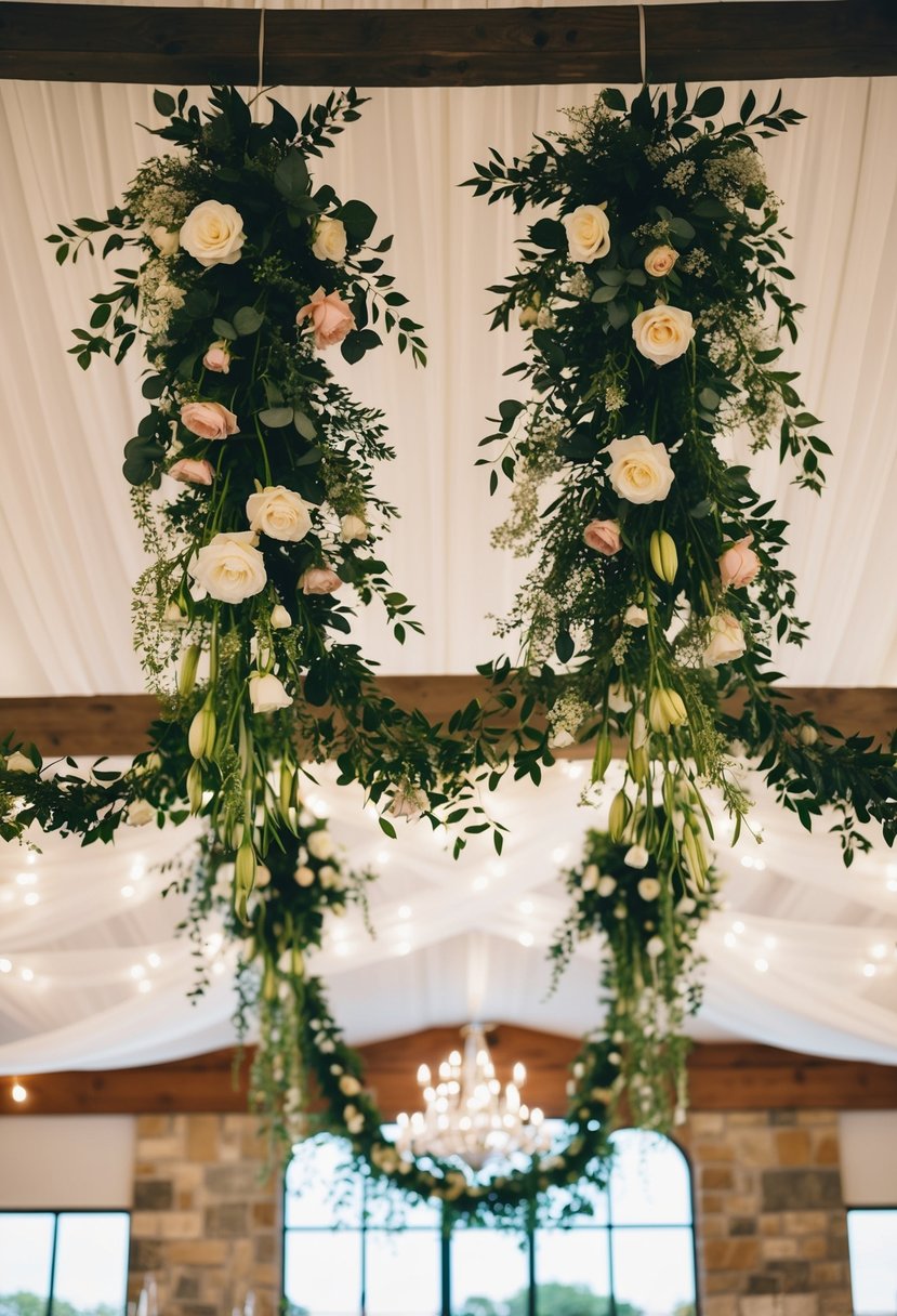 Floral garlands draped from above, adorning a wedding venue with a romantic and whimsical touch