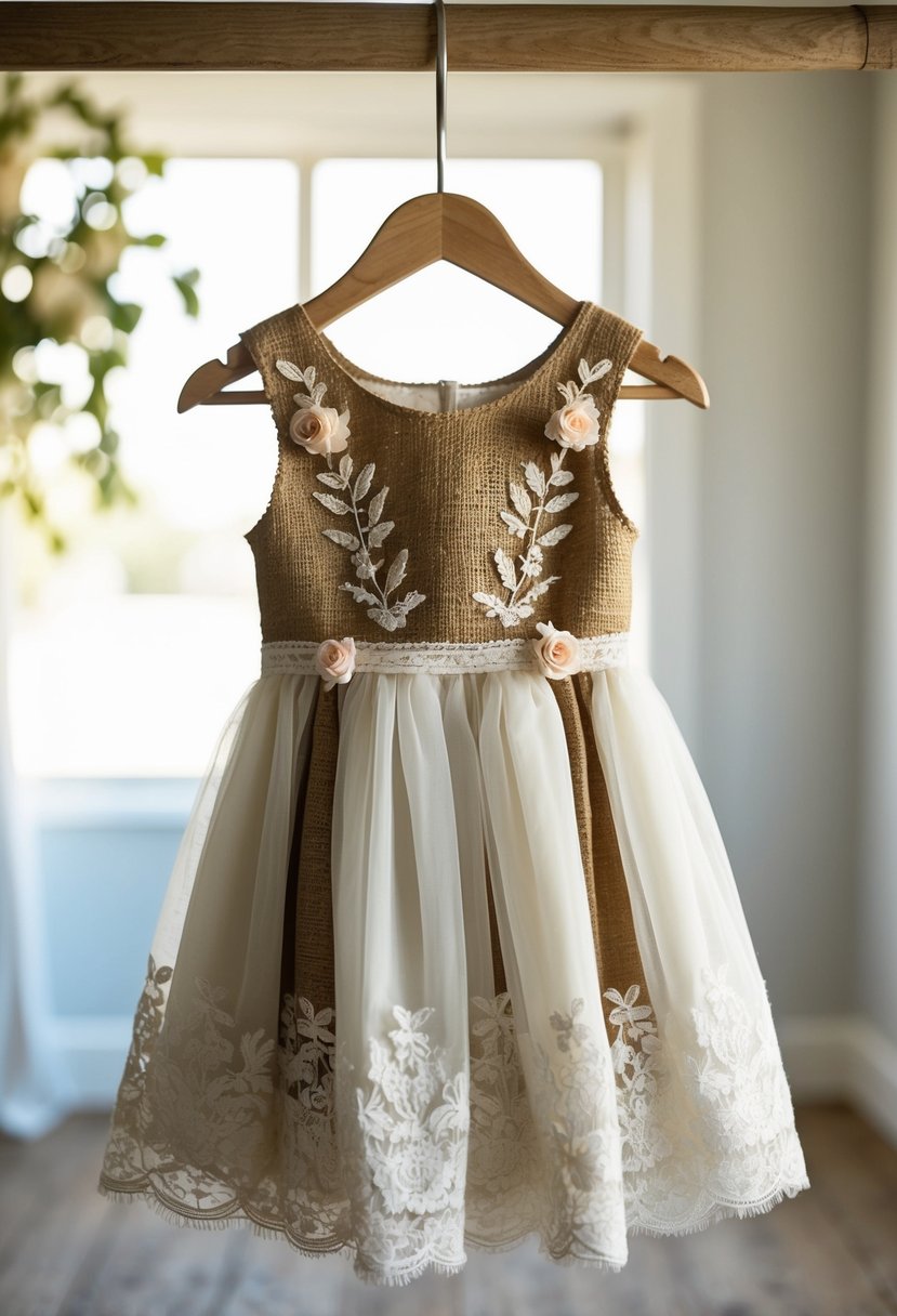 A rustic burlap and lace wedding dress for kids, adorned with delicate floral accents, hangs on a vintage wooden hanger in a sunlit room