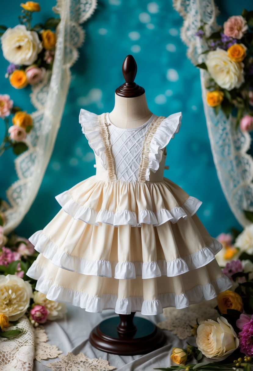 A Victorian-inspired ruffle dress on a child mannequin, surrounded by vintage lace and floral accents