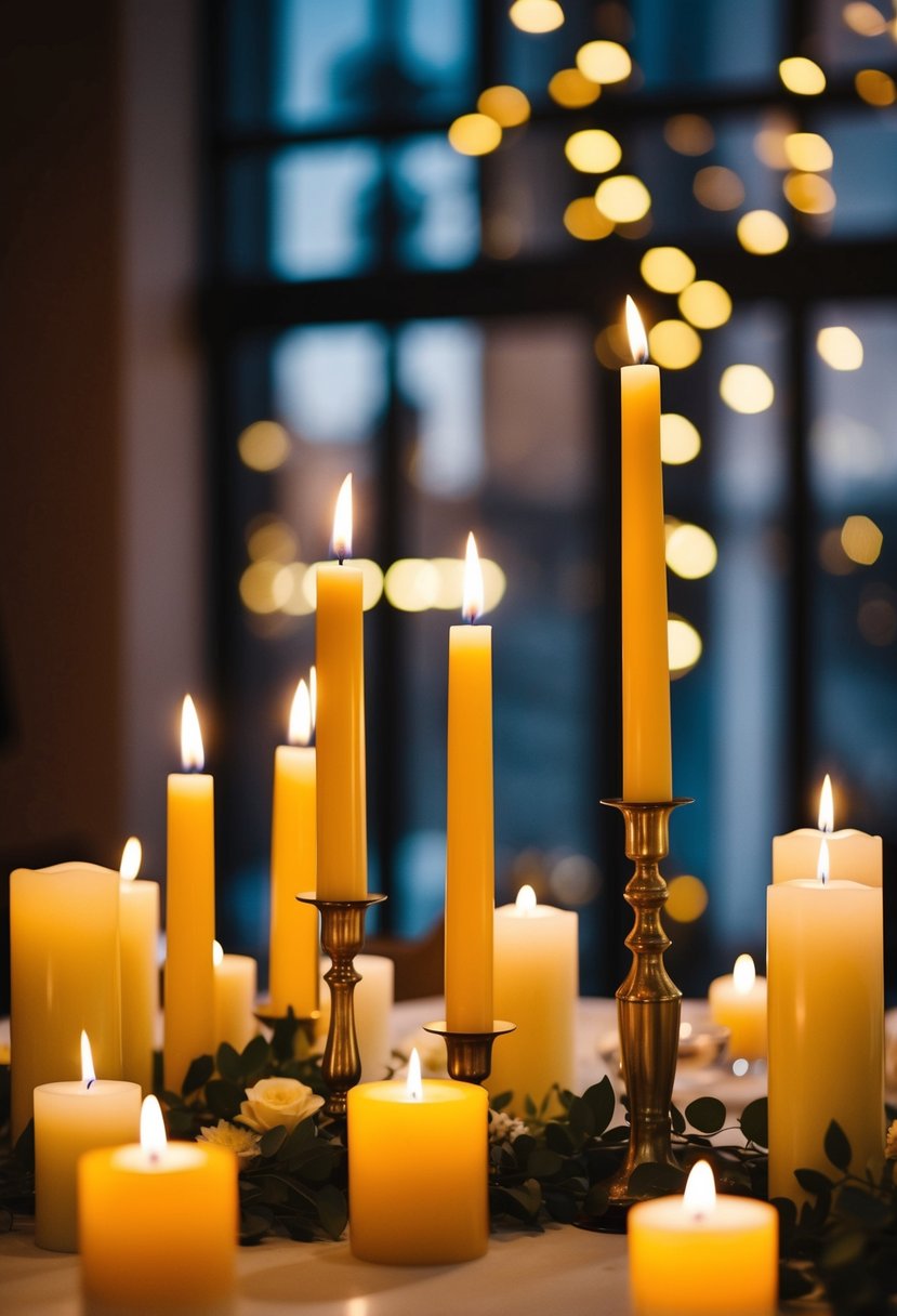 Candles of various heights arranged on a table, casting warm light and creating depth for wedding decoration