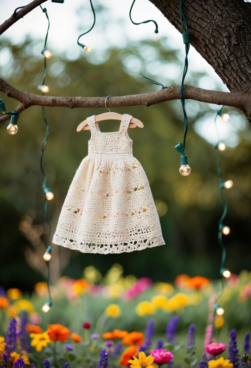 A whimsical outdoor wedding setting with a child-size crochet gown hanging from a tree branch, surrounded by colorful flowers and fairy lights