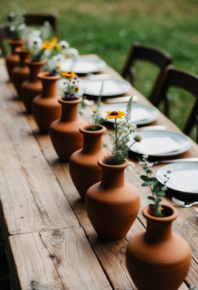 Terracotta vessels arranged on wooden tables with wildflowers for a rustic wedding vibe