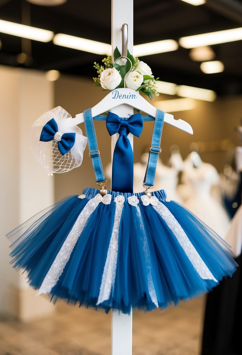 A denim tutu outfit with personalized details, paired with a tiny wedding veil and bow tie, displayed on a hanger