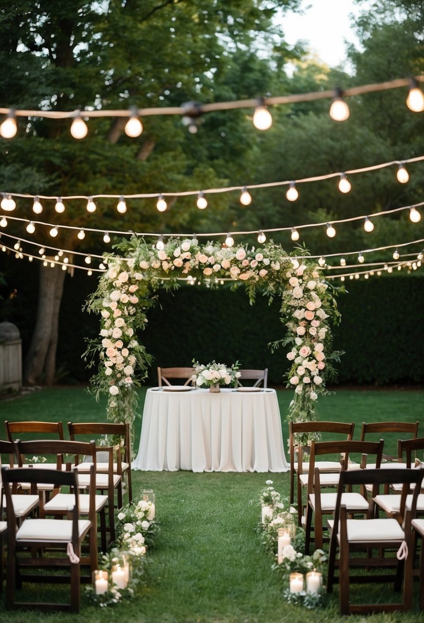 A cozy backyard set up with string lights, floral arch, and seating for a small wedding ceremony