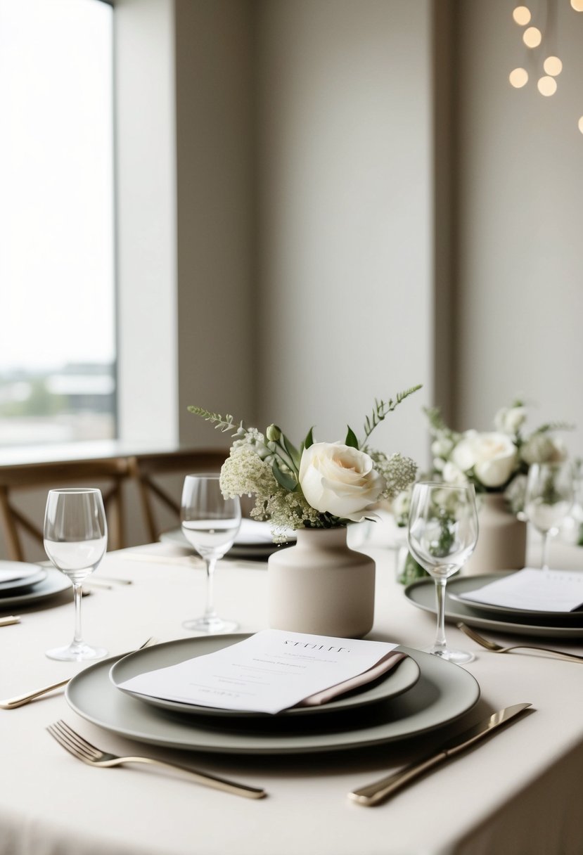 A simple, elegant wedding table setting with clean lines, neutral colors, and minimal decor