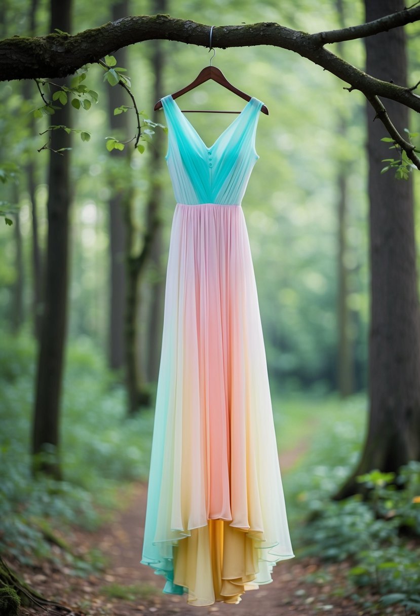 A flowing, pastel ombre fairy tale dress hanging from a tree branch in a magical forest