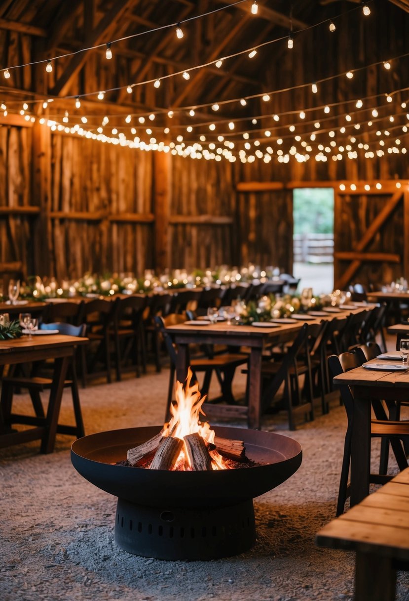 A rustic barn venue with string lights, wooden tables, and cozy seating arrangements around a crackling fire pit