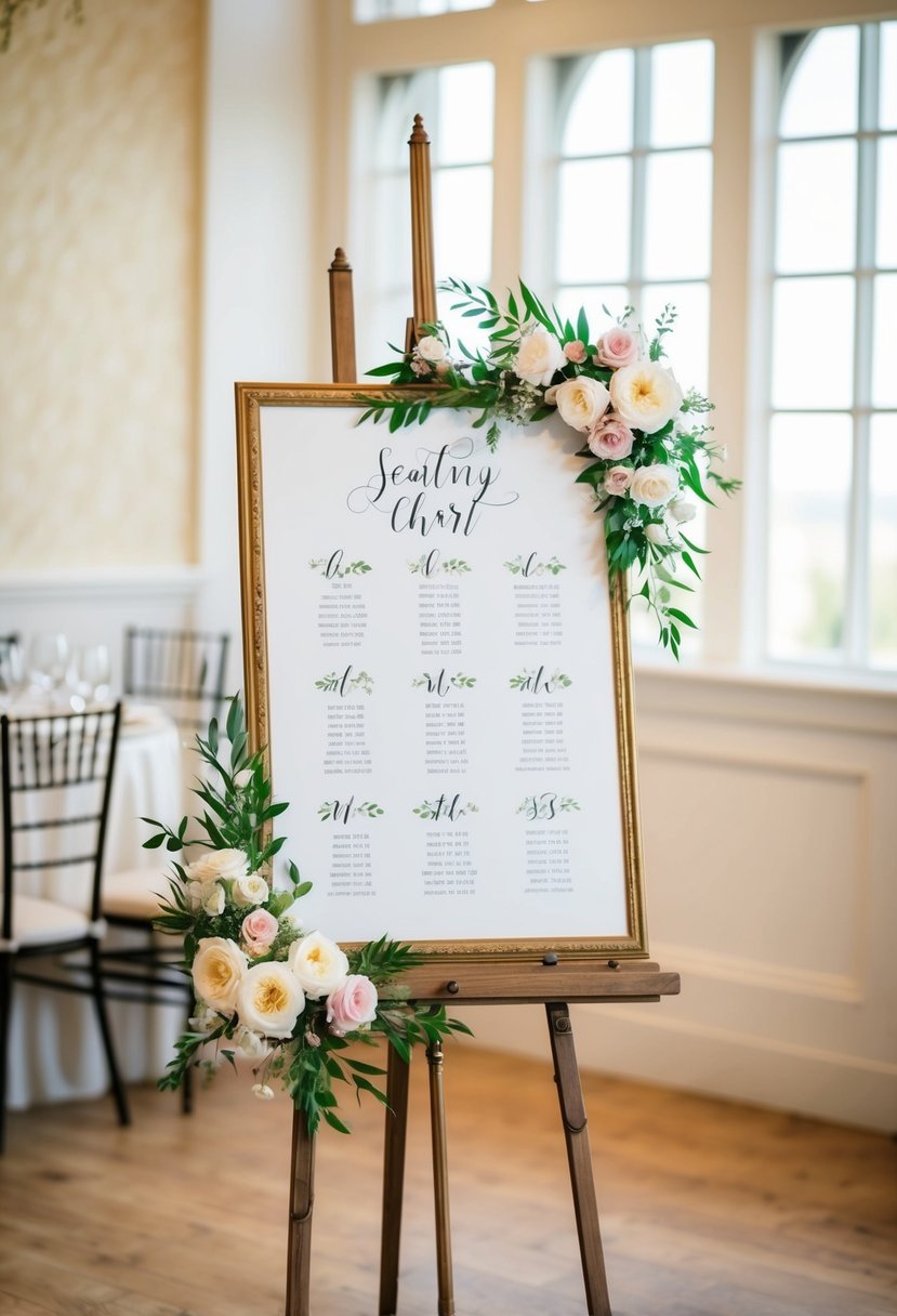 A beautifully decorated seating chart with elegant calligraphy and floral accents displayed on a vintage easel