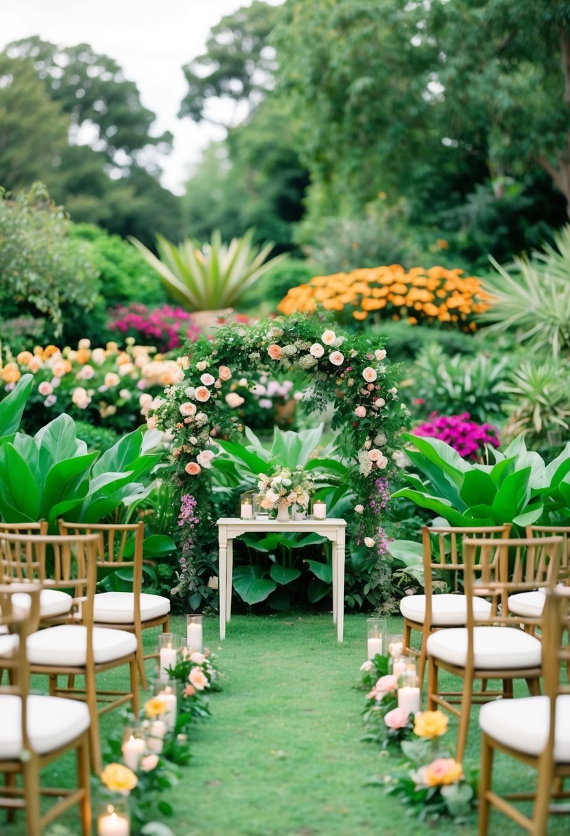 A lush botanical garden with a small, elegant ceremony set-up surrounded by vibrant flowers and greenery