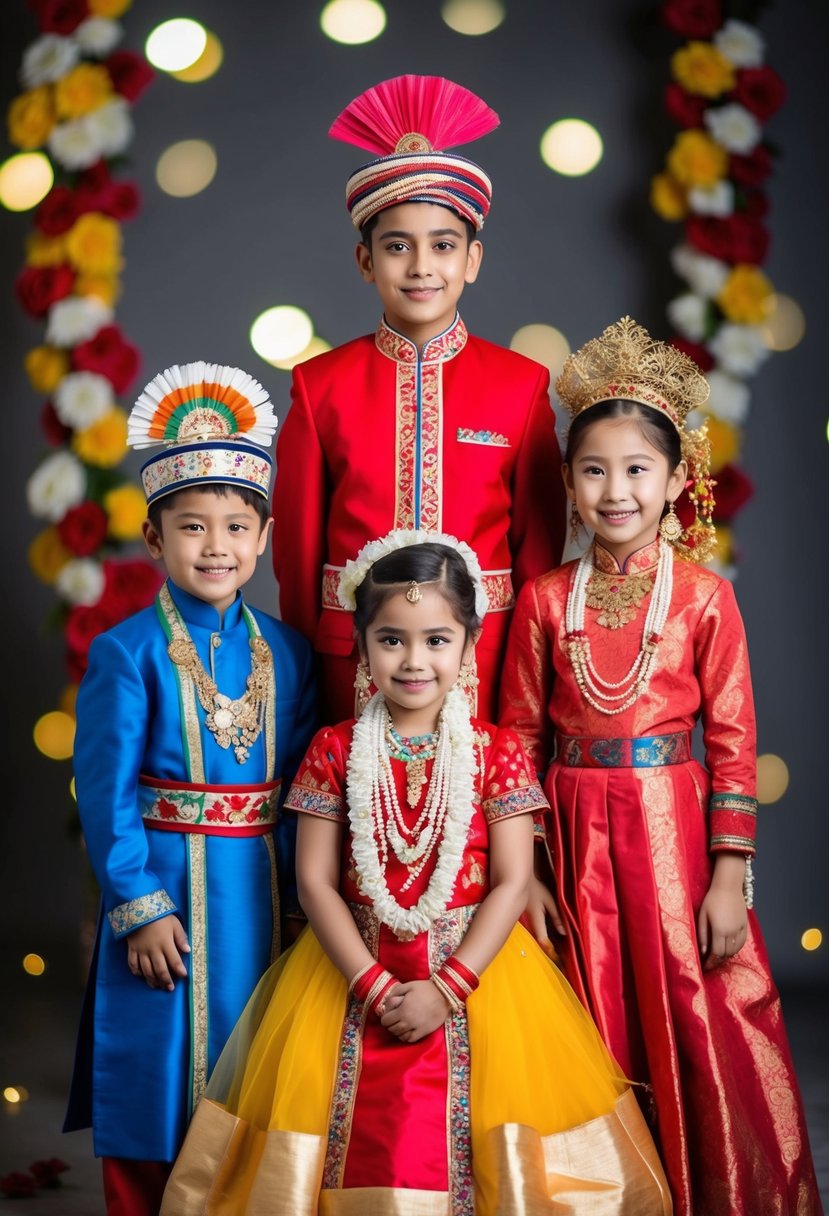 Children in traditional attire from different cultures, wearing unique wedding dresses, surrounded by elements of cultural fusion