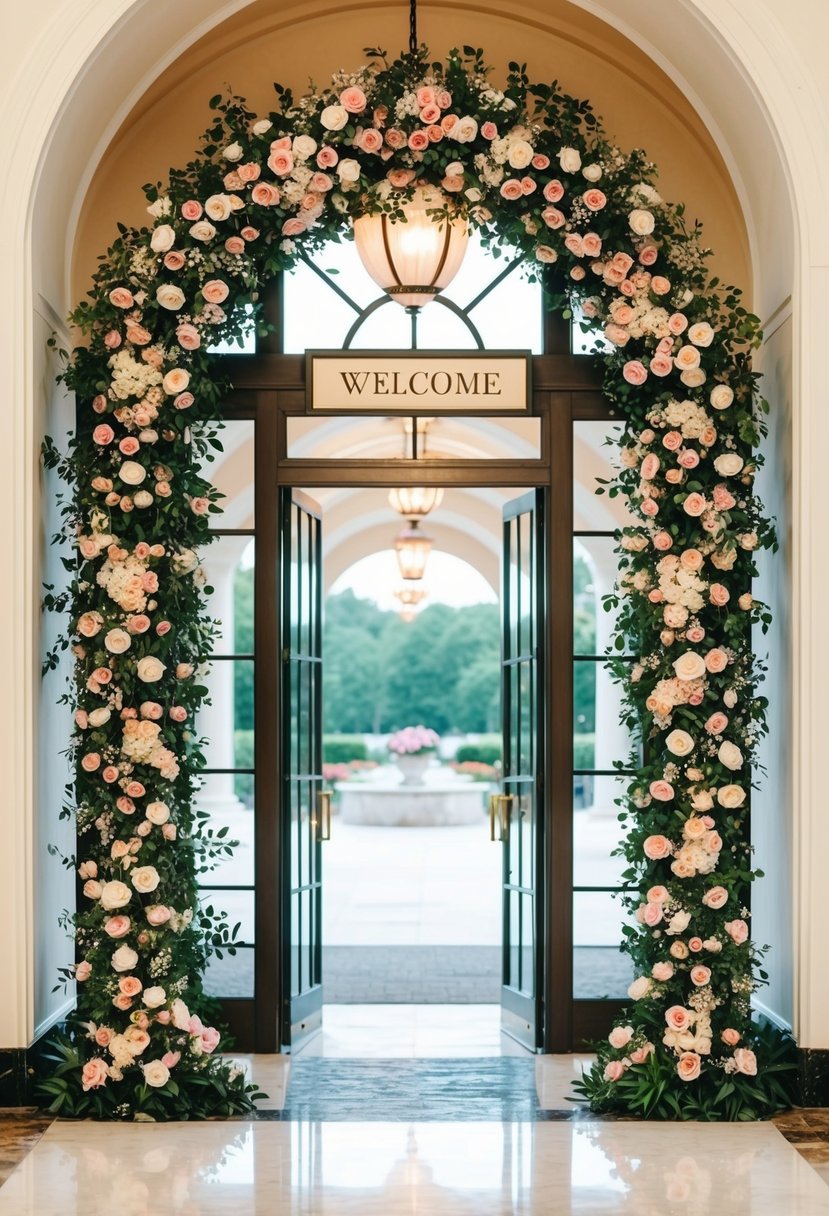 A grand entrance adorned with floral arches and a "Welcome" sign