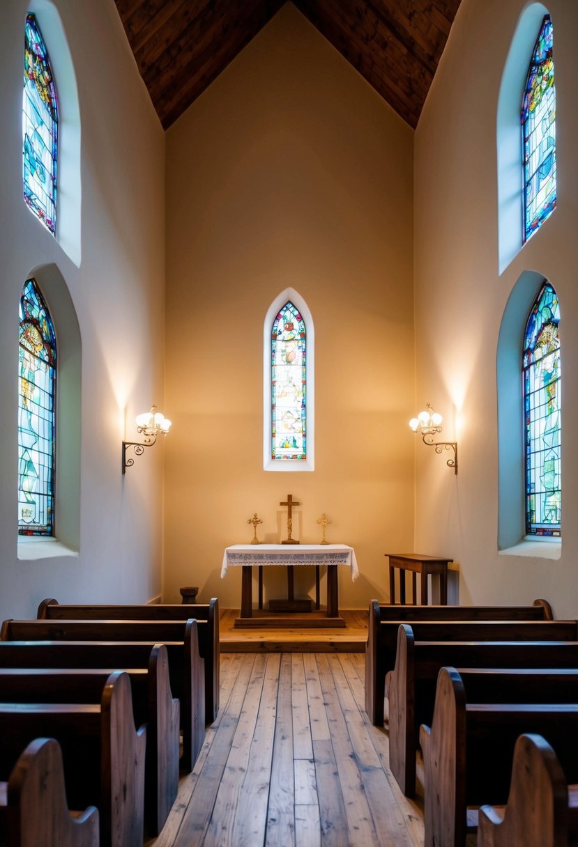 A small chapel with rustic wooden pews and a simple altar. Soft light filters through stained glass windows, casting a warm glow over the intimate space