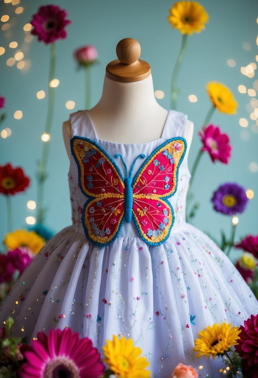 A whimsical butterfly embroidered dress on a child mannequin, surrounded by colorful flowers and sparkles