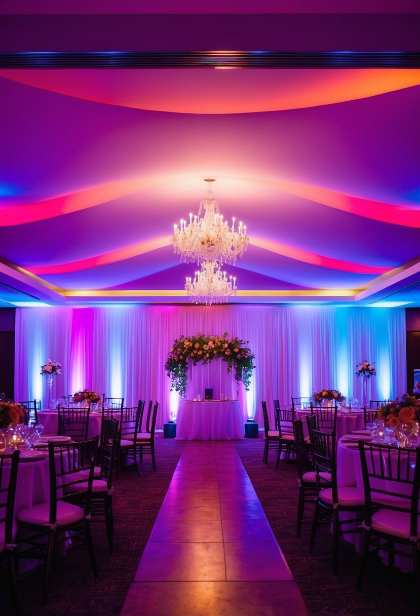 Vibrant uplighting illuminates wedding venue with colorful ambiance