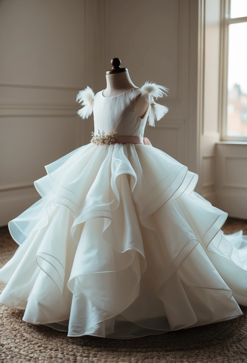 A child-sized wedding gown with billowing cloud-like layers, accented with delicate puffs and ethereal details