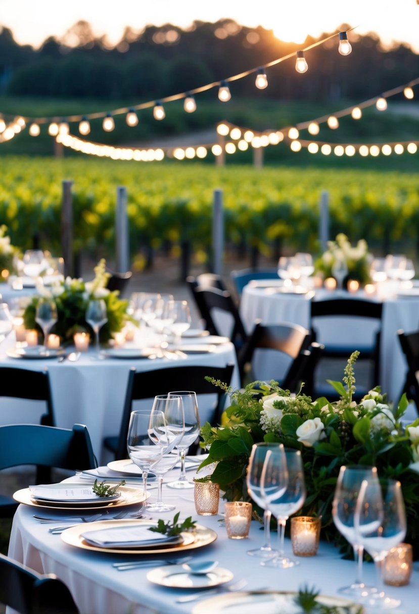 A charming winery reception: tables set with elegant glassware, surrounded by lush vineyards and twinkling string lights under the setting sun