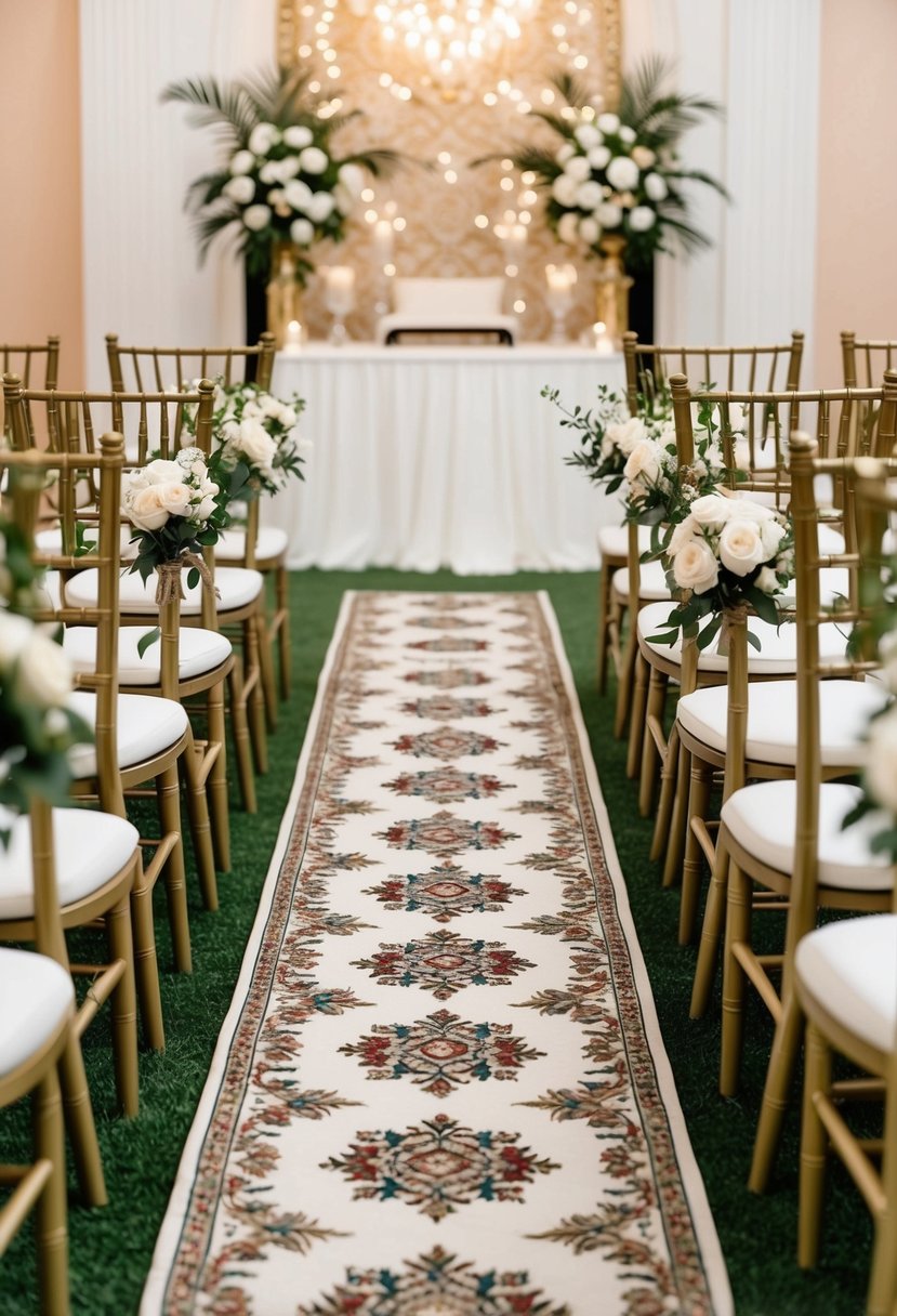 Aisle runners adorned with intricate patterns and floral designs lead to a beautifully decorated wedding altar