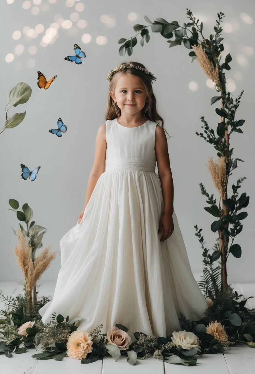 A young child in a flowing, eco-friendly organic cotton wedding dress, surrounded by nature-inspired elements like flowers, leaves, and butterflies