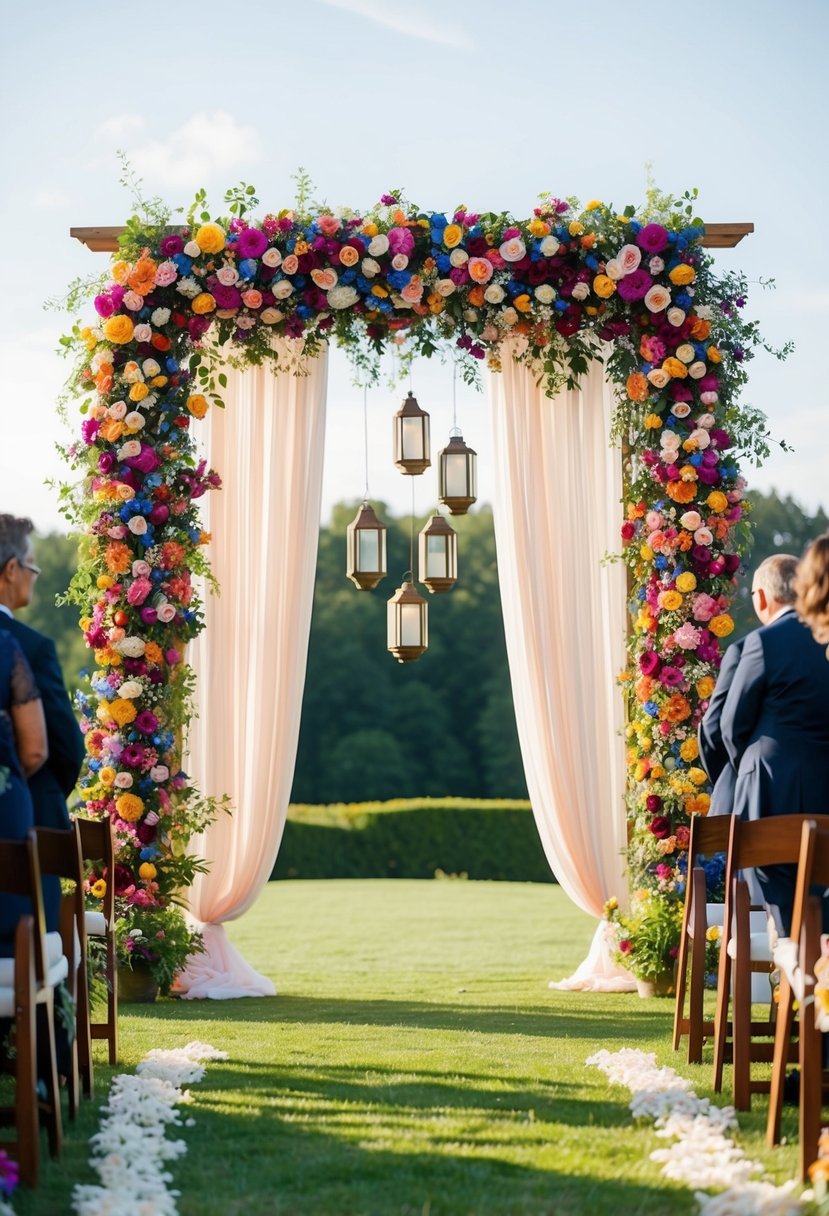 A colorful floral arch with hanging lanterns and flowing fabric creates a unique ceremony backdrop