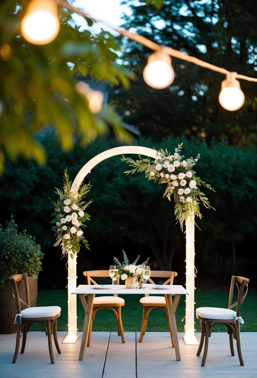 A cozy outdoor setting with fairy lights, a small floral arch, and intimate seating for a micro wedding celebration