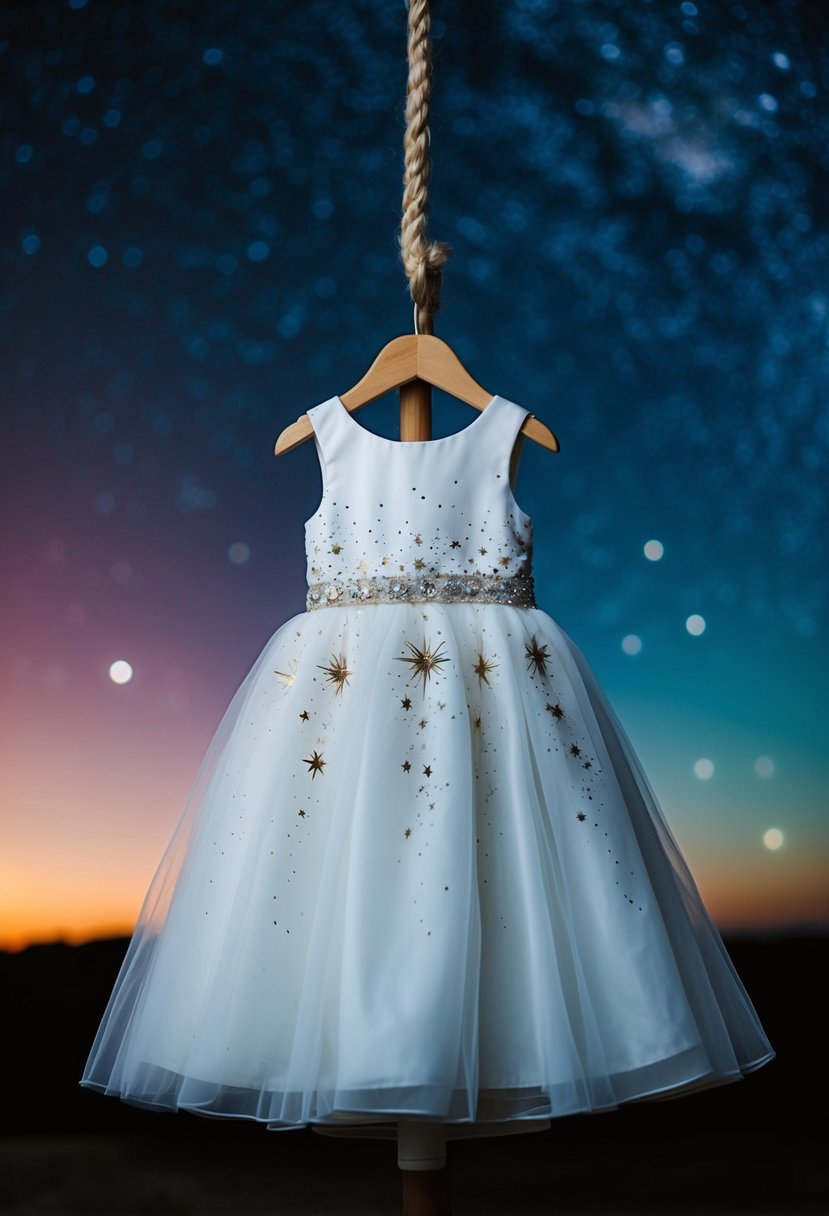 A child-sized wedding dress adorned with celestial patterns under a starry night sky