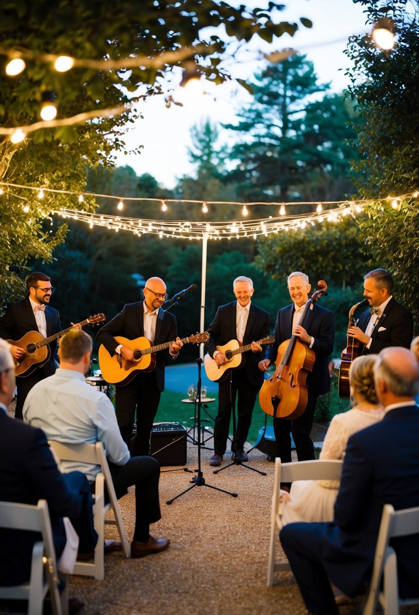 Local musicians performing in an intimate outdoor setting, surrounded by twinkling lights and a small group of guests, creating a warm and inviting atmosphere for a micro wedding celebration