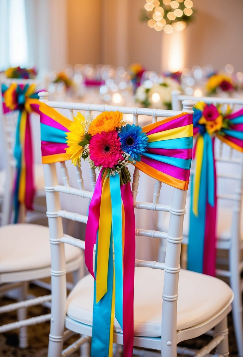 Colorful ribbons and flowers are tied to the backs of elegant chairs, adding a festive touch to a wedding reception