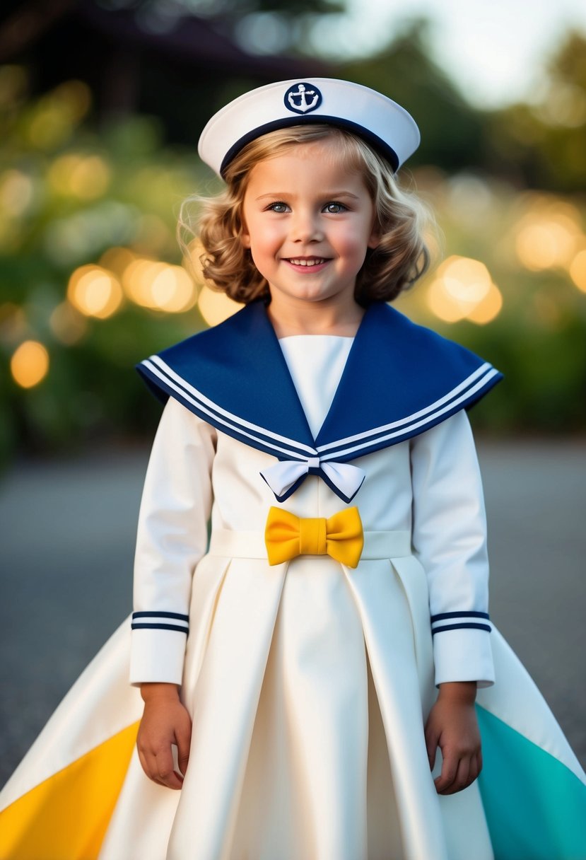 A child's wedding dress with a classic sailor suit design, updated with modern details like asymmetrical hem and bold color accents