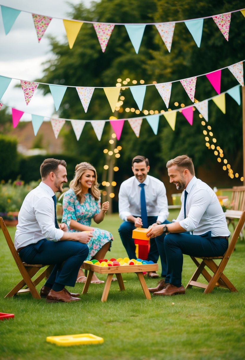 A group of guests play lawn games at a small outdoor wedding, with colorful bunting and fairy lights decorating the space