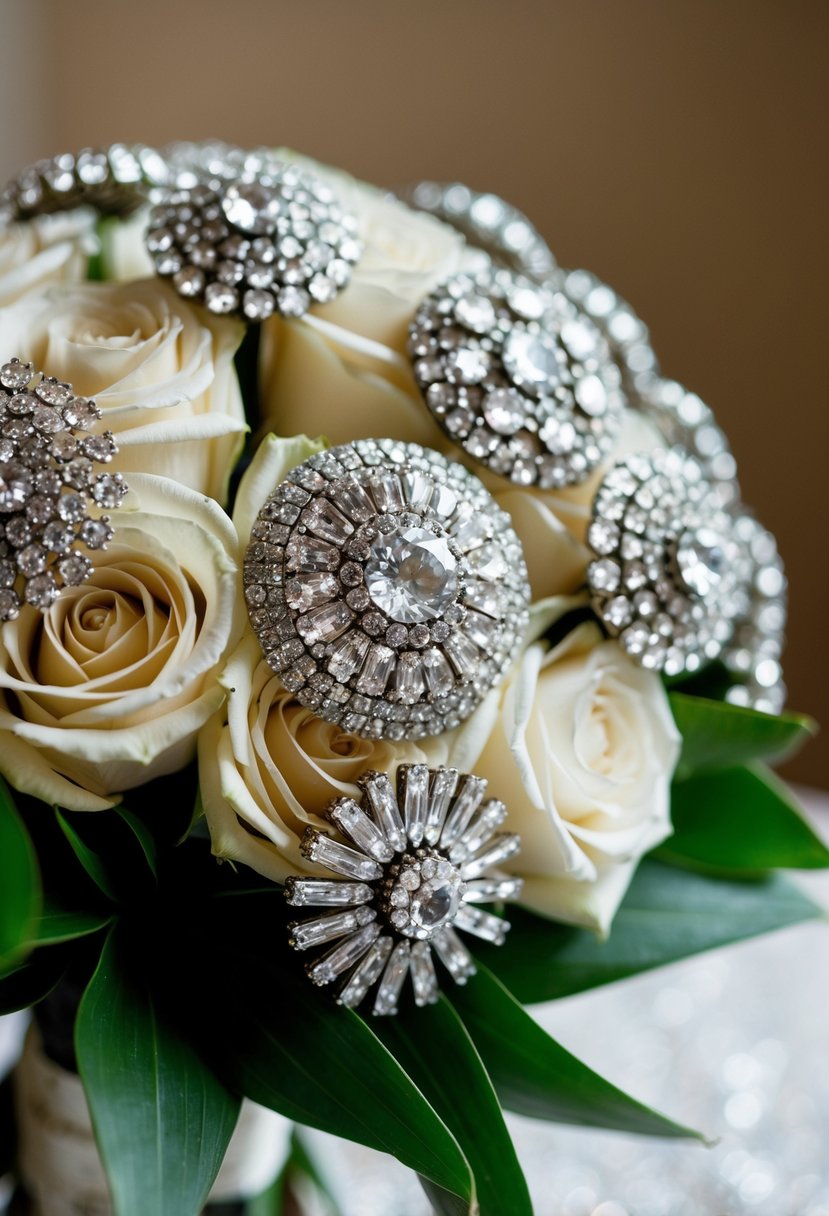 Glittering brooches adorn a wedding bouquet, catching the light