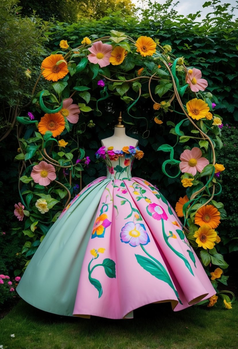 A whimsical garden with oversized flowers and vines, swirling around a flowing dress with vibrant hand-painted details